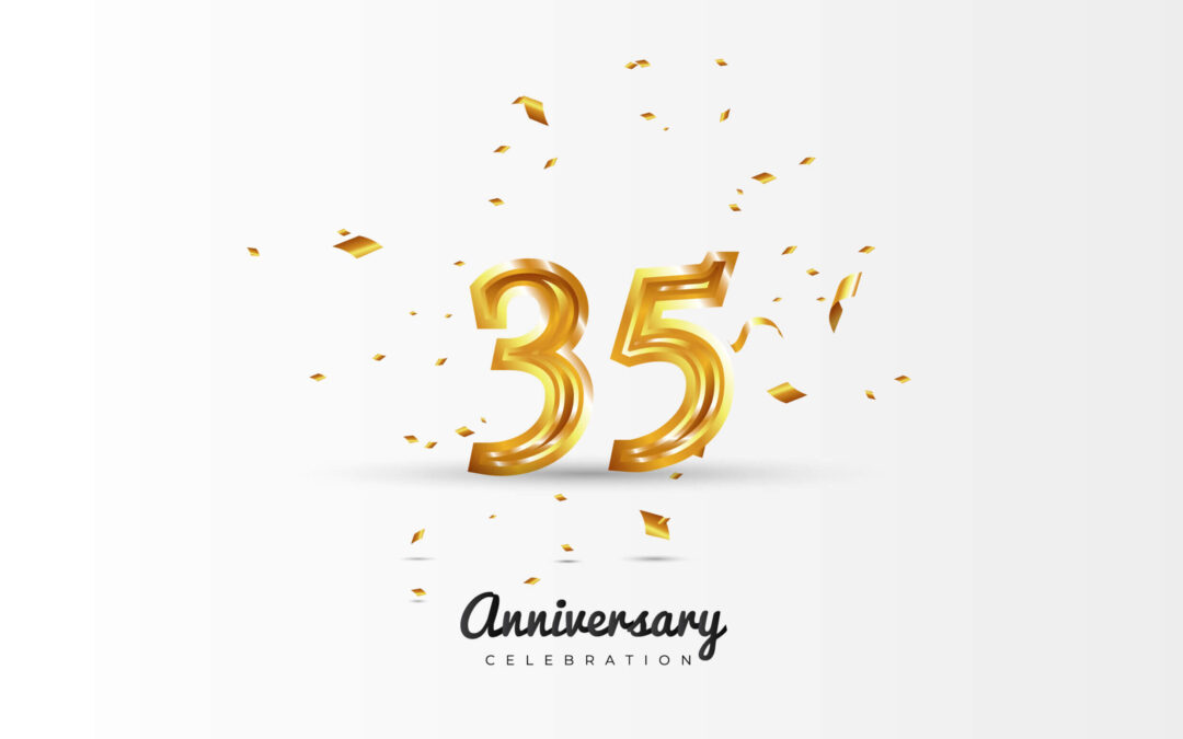 Text reads "35 anniversary celebration" The numbers 35 are designed to look like gold balloons. The word "anniversary" is in a black script font. The word "celebration" is basic black font. Gold confetti surrounds the words.